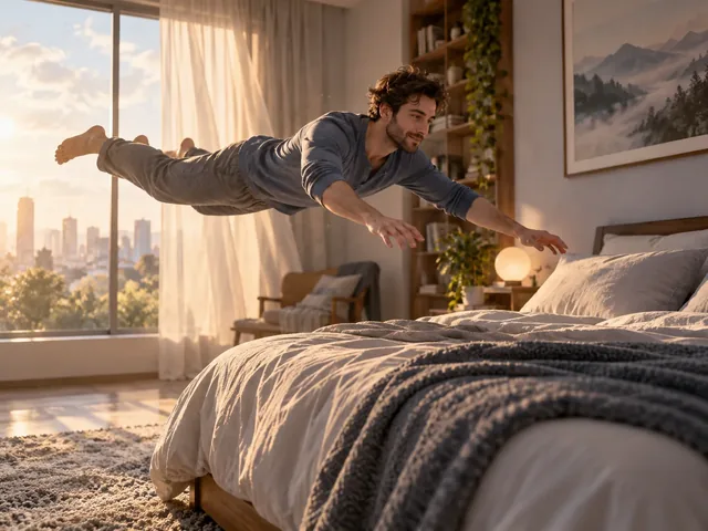 Grok Imagine example: a man swimming through the air toward his bed