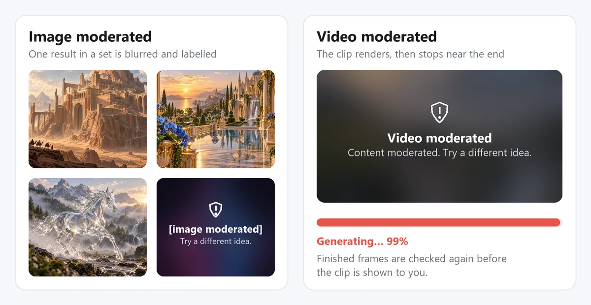 Grok image moderated vs video moderated: one blurred image moderated tile in a set of four, and a video moderated notice at 99 percent