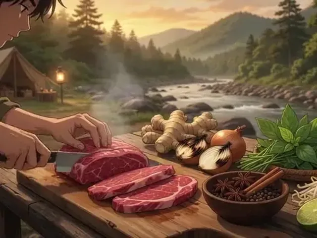 Anime campfire cooking scene made from a safe-for-work video prompt