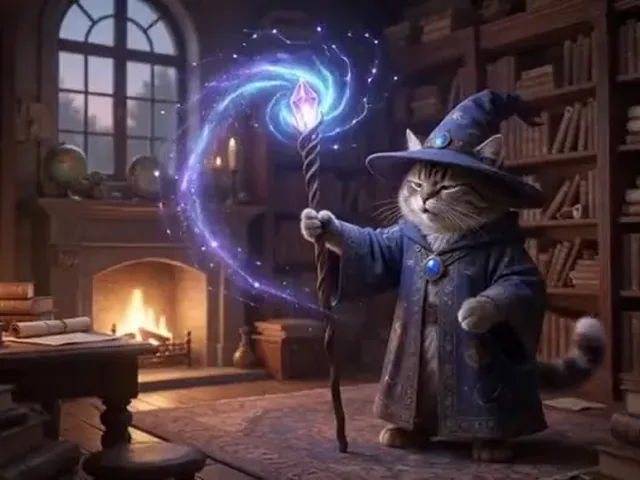 Safe Grok Imagine prompt result: a cat wizard casting a purple spell in a library