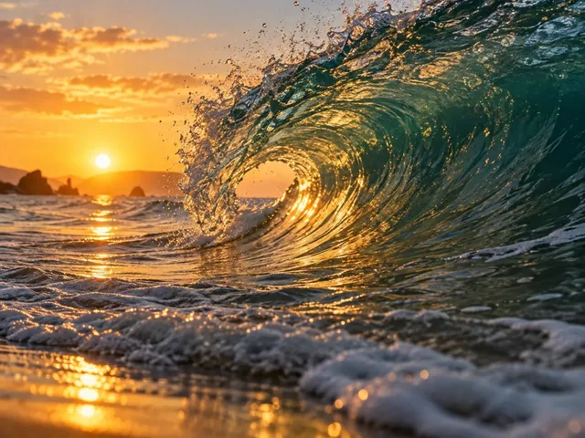 Slow motion turquoise ocean wave at golden hour from a nature video prompt