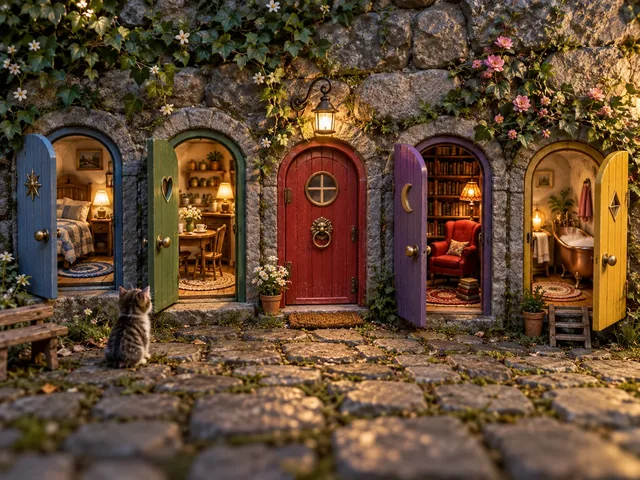 Surreal dollhouse scene with tiny doors opening onto miniature rooms