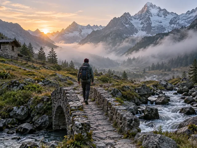 Travel hyperlapse of a backpacker crossing different landscapes from a clear prompt
