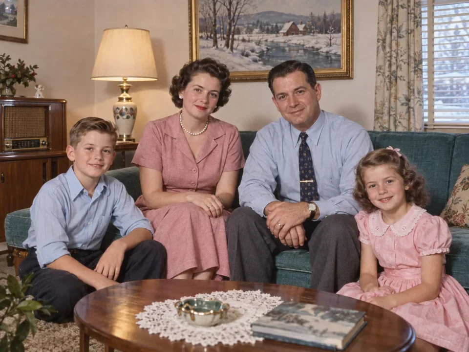 The same 1950s family photo colorized with natural colors
