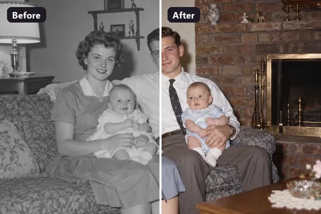 Black-and-white family photo on a sofa and the colorized version side by side