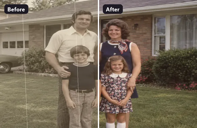 Faded family photo before and after AI restoration with the image enhancer