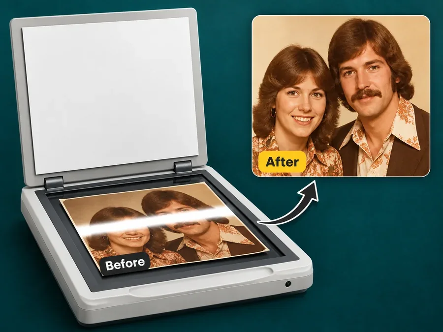Scanned print of a couple with a bright lamp band across it, cleaned into a clear copy