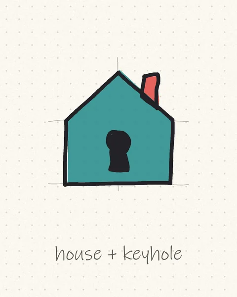 Easy logo drawing of a teal house with a keyhole door and a red chimney
