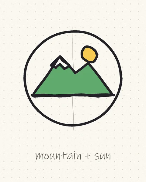 Easy logo to draw: a mountain and sun inside a circle, hand-drawn in marker with pencil guides