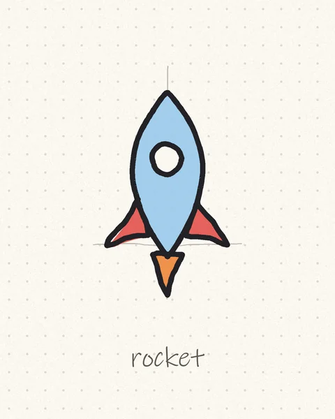 Hand-drawn rocket logo with a round window, red fins and an orange flame
