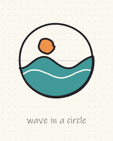 Hand-drawn logo of a teal wave and orange sun inside a circle
