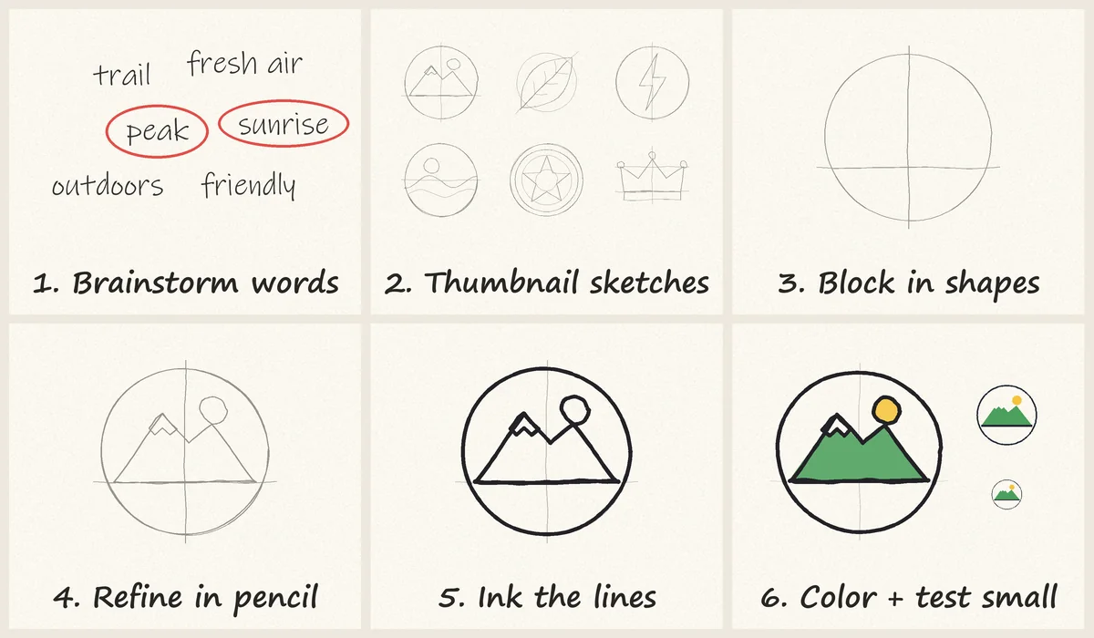 How to draw a logo in 6 steps: brainstorm words, thumbnail sketches, block in shapes, refine in pencil, ink the lines, color and test small