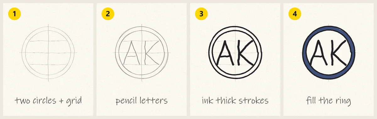 How to draw an initials logo: two circles and a grid, pencil letters, thick inked strokes, filled ring