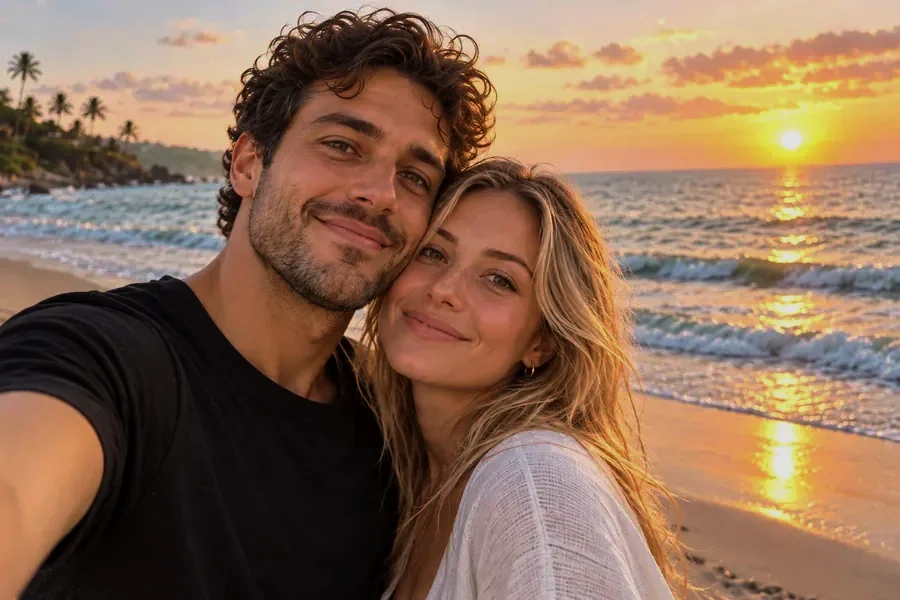 The beach selfie after phone editing with highlights lowered and sunset colors restored