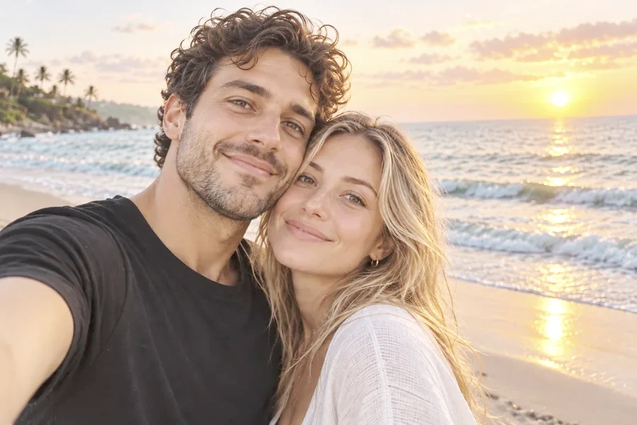 Overexposed picture of a couple taking a sunset selfie on the beach, with a pale sky and washed-out skin