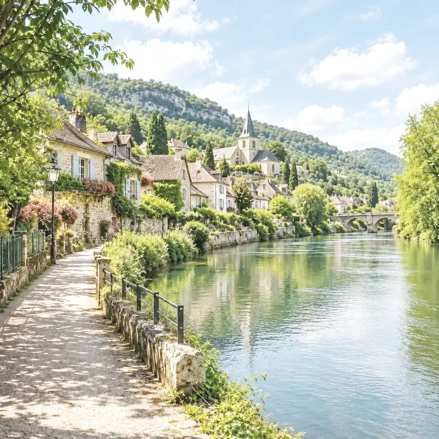 Over exposed photo of a riverside village with a pale, washed-out sky and faded colors
