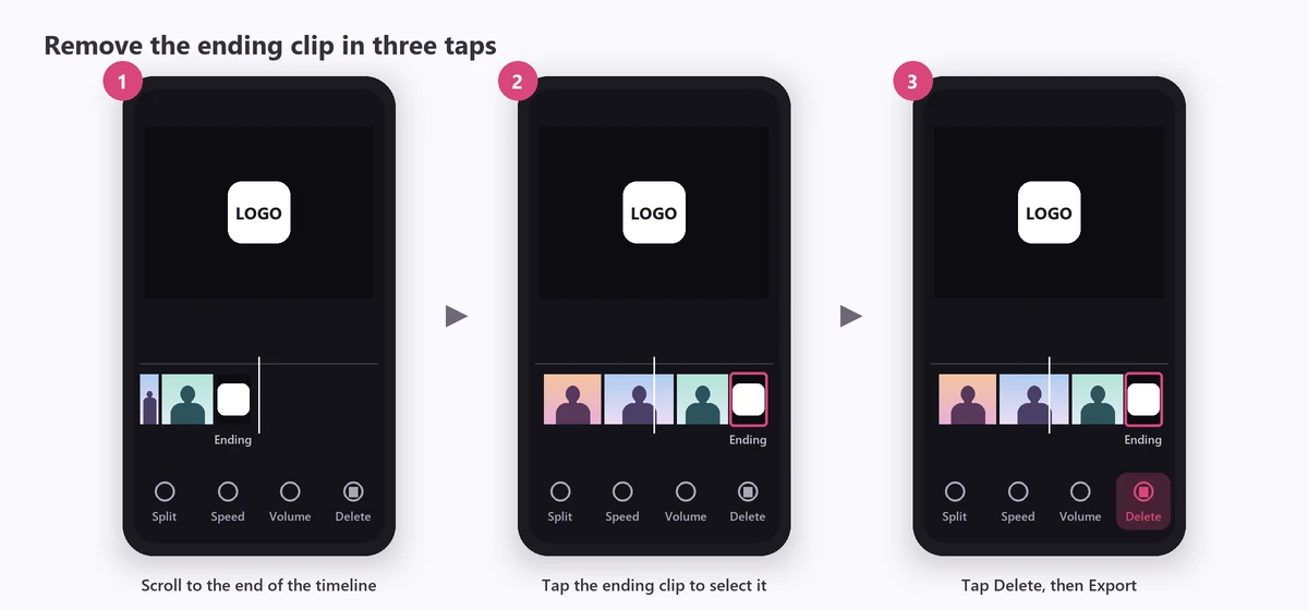How to remove the CapCut watermark on mobile in three steps: scroll to the end of the timeline, tap the ending clip, tap Delete