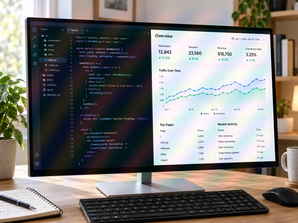 Photo of a computer screen with rainbow moire bands over code and dashboard charts
