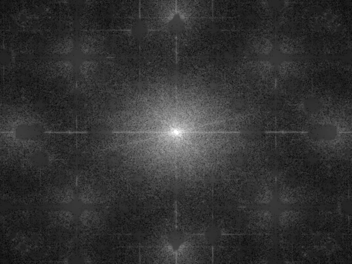The same FFT spectrum with the moire spikes painted out and the bright center left untouched