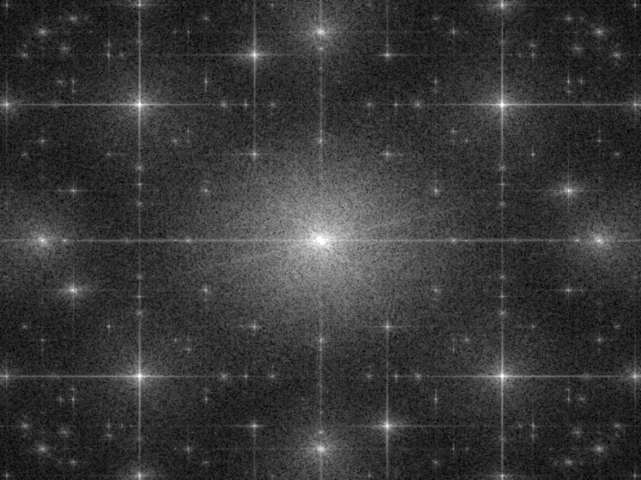 GIMP Fourier transform moire method: FFT magnitude spectrum of a halftone scan with bright off-center spikes