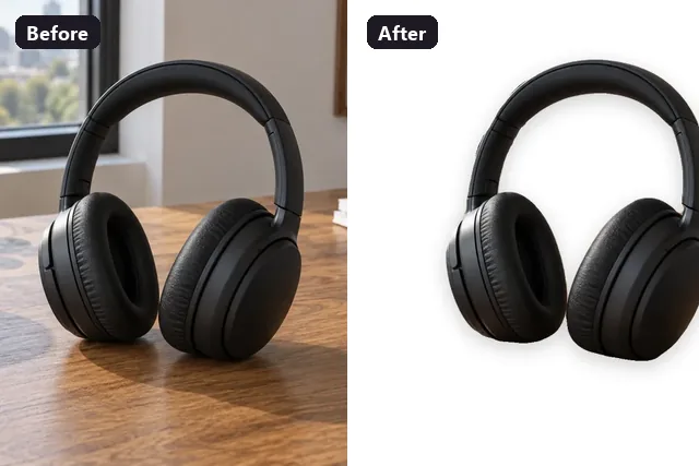 Headphones on a desk cut out onto a clean white background for an Etsy listing photo