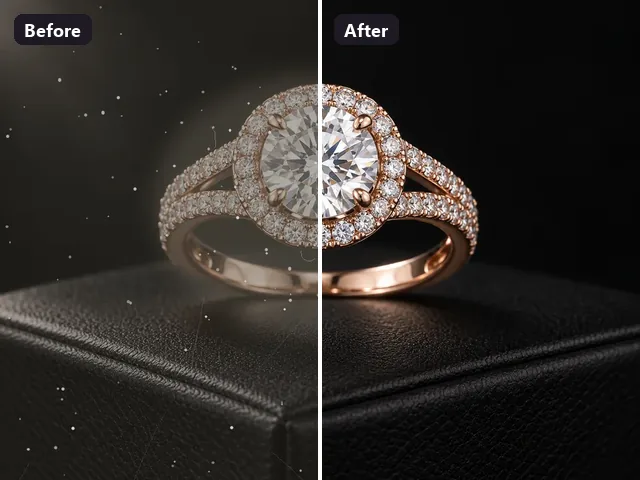Rose gold diamond ring before and after jewelry retouching for an Etsy listing