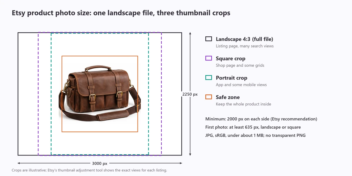 Etsy product photo size: a 3000 x 2250 landscape listing photo with the square, portrait and landscape thumbnail crops marked around a centered product