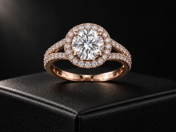 Close-up product photo of a rose gold halo diamond ring on a black box