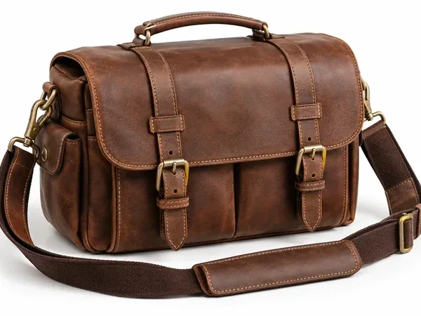Etsy hero product photo: a leather camera bag on a clean white background
