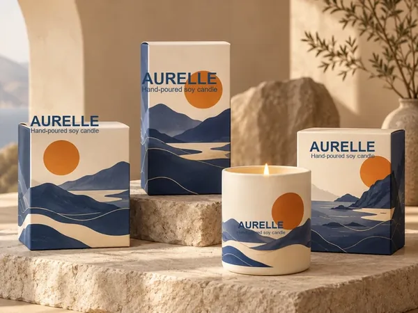 Hand-poured candles with matching printed boxes on a stone pedestal
