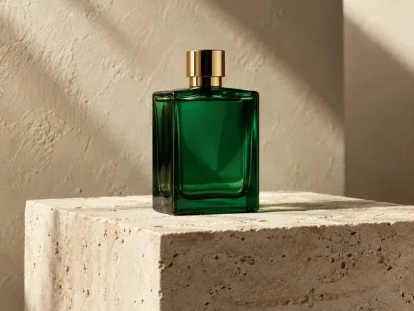 Green perfume bottle styled on a travertine pedestal with warm window light