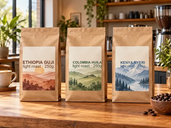 Three kraft coffee bags with different origin labels lined up on a wooden counter