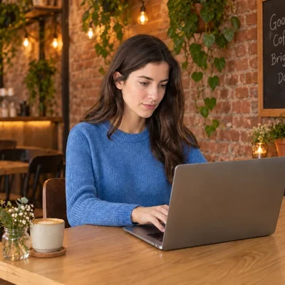 Woman in a blue sweater working in a café, an example of an AI photo editor result