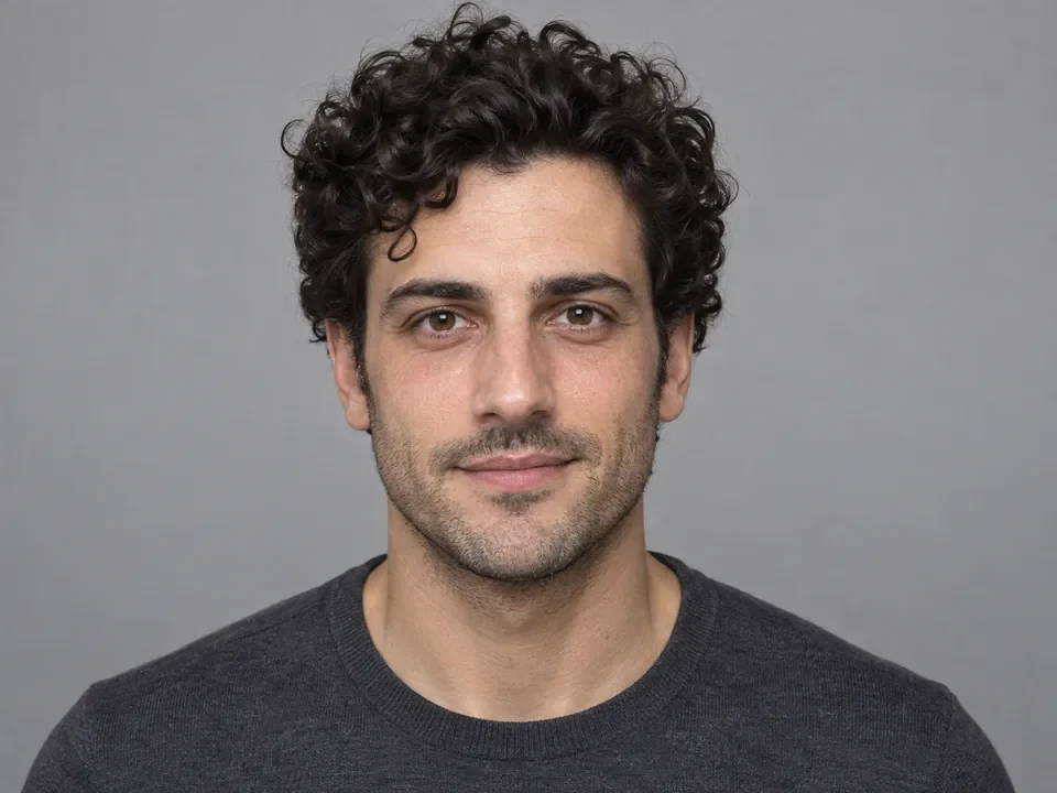 The same portrait with softened under-eye bags after an AI photo retouch, skin texture kept