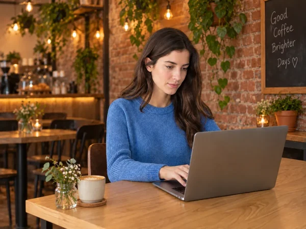 Woman working on a laptop in a café after an AI photo editor background change