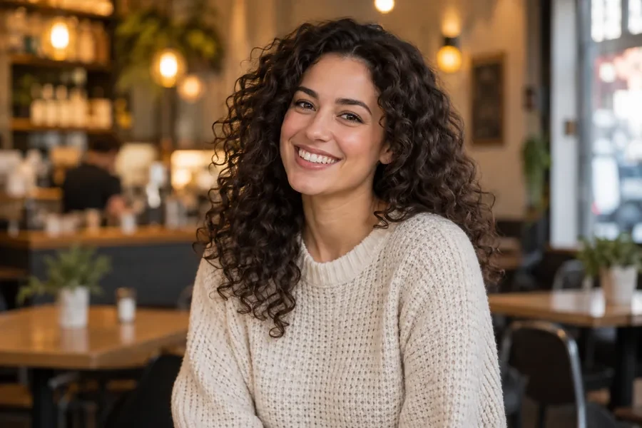 Original photo of a smiling woman with curly hair in a cozy café, before background removal