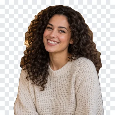Curly-haired woman cut out on a transparent background, an example of an AI background remover