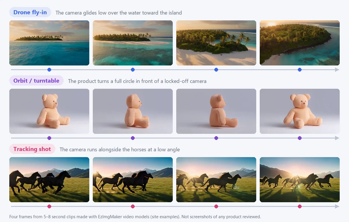 Three AI video camera moves shown as film strips: drone fly-in over an island, orbit around a teddy bear, tracking shot of galloping horses
