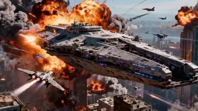 AI video frame of a battle cruiser crashing through a burning city, filmed as a low-angle tracking shot