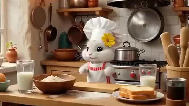 White cat chef in a cozy kitchen, a still ready to animate with a gentle camera push-in