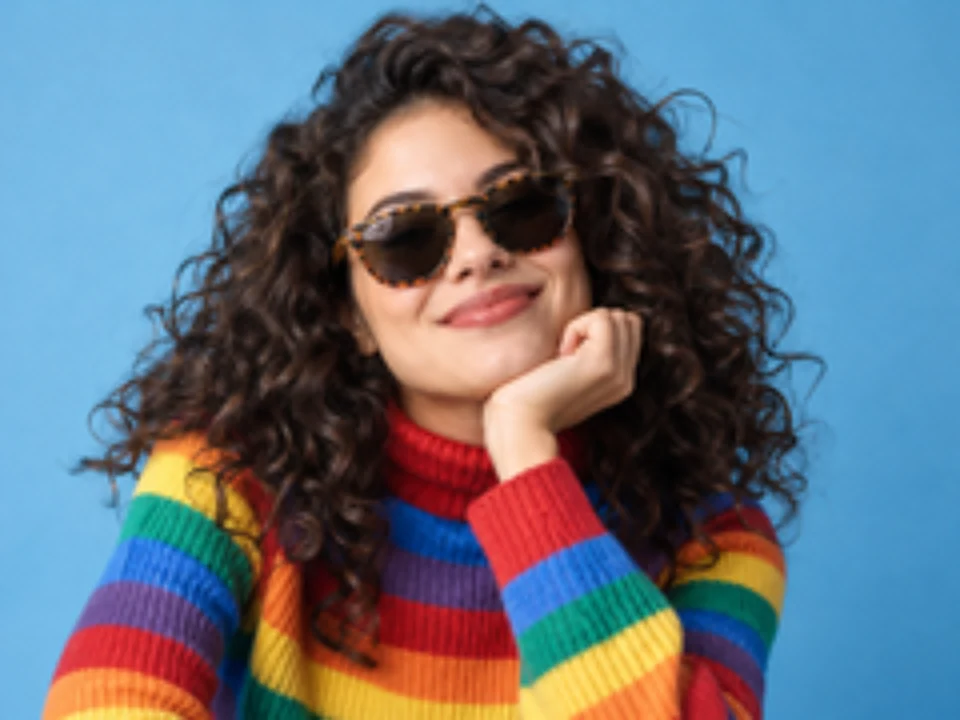 Blurry low resolution portrait of a woman with curly hair before upscaling