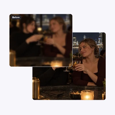Low-light bar scene video frame after AI enhancement