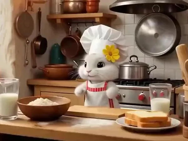 AI-generated video frame of a cat chef cooking in a kitchen