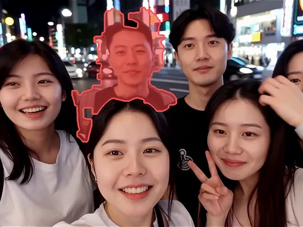 Group selfie video with a passer-by marked in red for removal