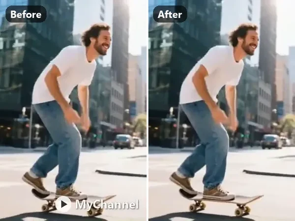 Skateboarding clip before and after removing a corner channel logo