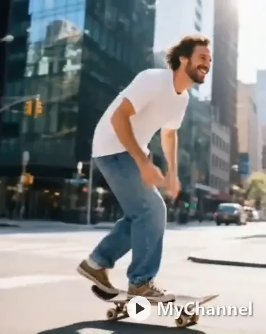 Video frame of a skateboarder on a city street with a channel logo watermark in the corner