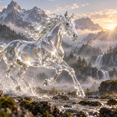 Glass horse in a misty forest, a keyframe ready to animate into video