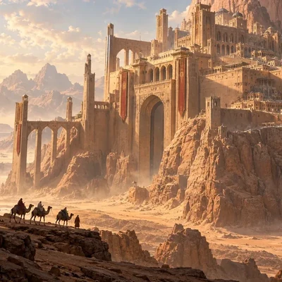 Ruined desert citadel with a camel caravan, a keyframe for an AI story video