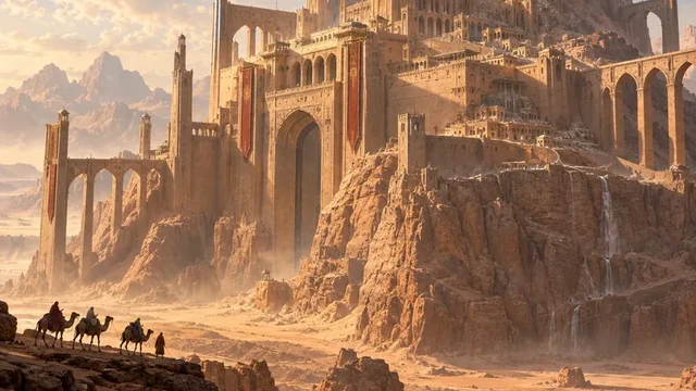 Scene 1 keyframe: camel caravan on a dune looking at a ruined sandstone citadel at golden hour