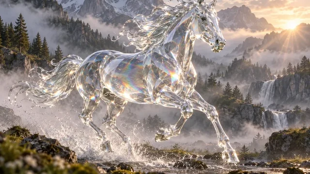 Scene 2 keyframe: a glass horse galloping through a misty mountain stream
